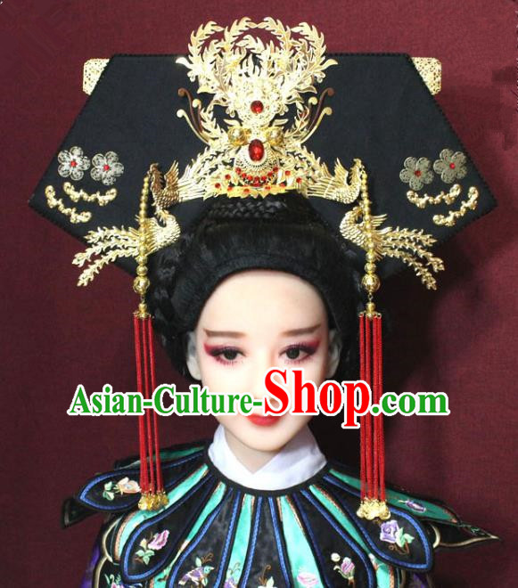 Chinese Ancient Imperial Consort Golden Phoenix Coronet Hair Jewelry Traditional Handmade Hairpins Qing Dynasty Queen Hair Accessories Complete Set