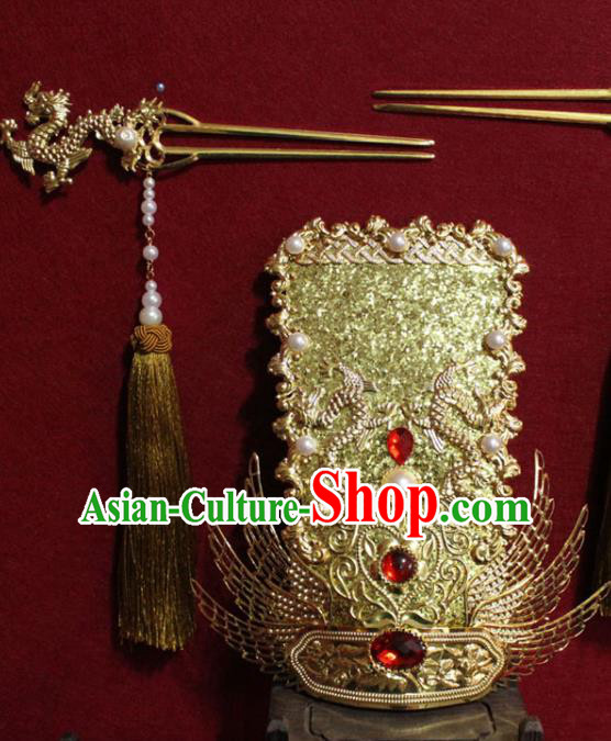 Traditional Chinese Handmade Ming Dynasty Prince Golden Hair Crown Ancient Noble Childe Dragon Hairpin Hair Accessories for Men