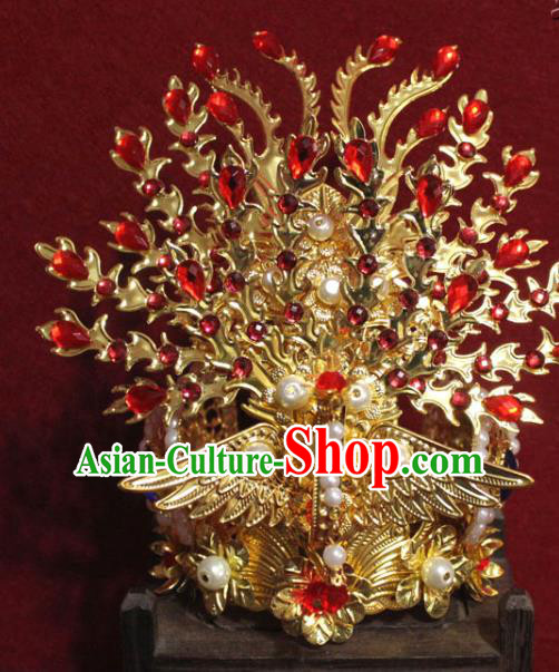 Traditional Chinese Handmade Buddhist Statues Red Crystal Phoenix Hair Crown Pearls Hair Accessories