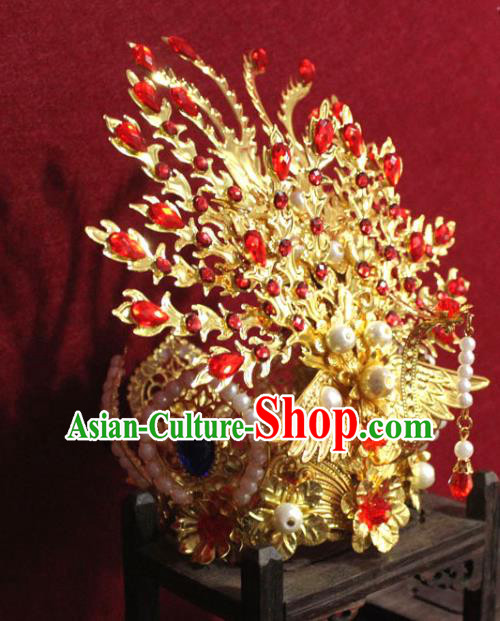 Traditional Chinese Handmade Buddhist Statues Red Crystal Phoenix Hair Crown Pearls Hair Accessories