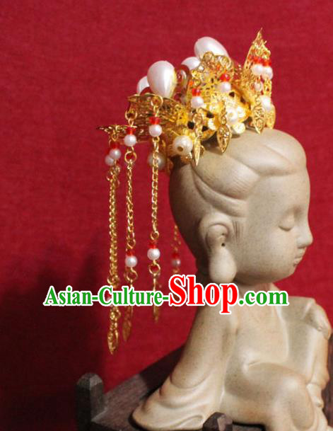Traditional Chinese Handmade Buddhist Statues Phoenix Hair Crown Golden Tassel Hair Accessories