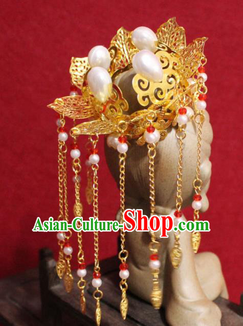 Traditional Chinese Handmade Buddhist Statues Phoenix Hair Crown Golden Tassel Hair Accessories