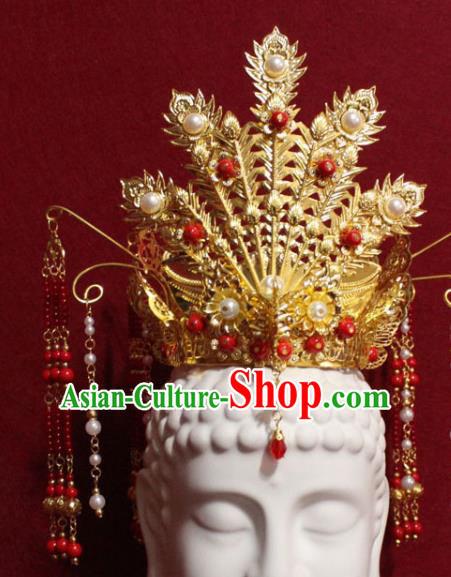 Traditional Chinese Handmade Golden Phoenix Hair Crown Buddhist Statues Red Beads Tassel Hairpins Hair Accessories Headwear