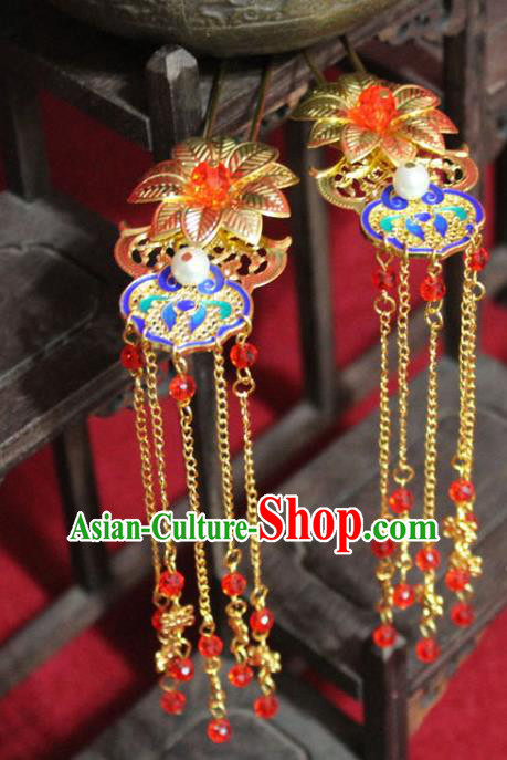 Traditional Chinese Handmade Cloisonne Hair Clip Ancient Queen Red Beads Tassel Hairpins Hair Accessories Headwear for Women