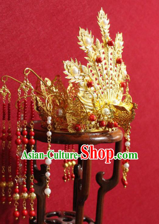 Traditional Chinese Handmade Golden Phoenix Hair Crown Ancient Queen Hairpin Hair Accessories for Women