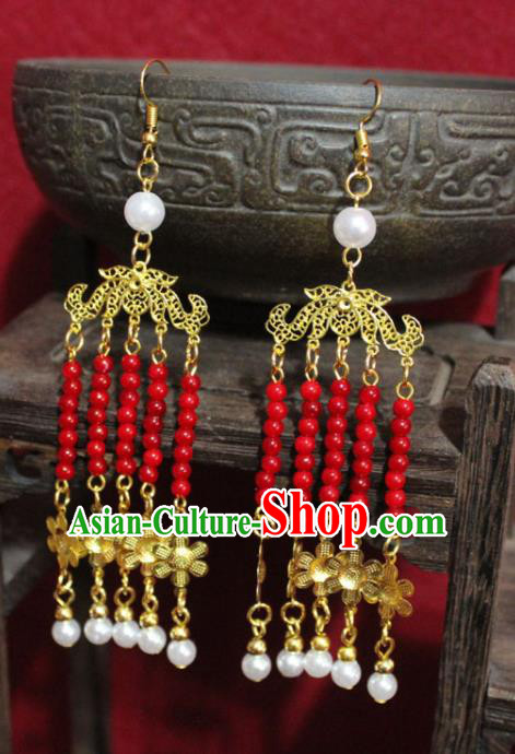 Traditional Chinese Ancient Princess Red Beads Tassel Earrings Handmade Jewelry Accessories Golden Flowers Eardrop for Women