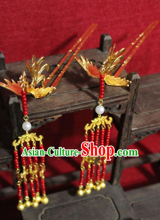 Traditional Chinese Handmade Red Beads Tassel Hairpin Ancient Queen Golden Phoenix Hairpin Hair Accessories for Women