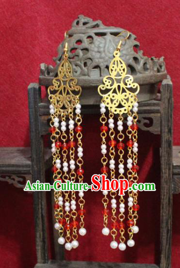 Traditional Chinese Ancient Princess Beads Tassel Earrings Handmade Jewelry Accessories Golden Eardrop for Women