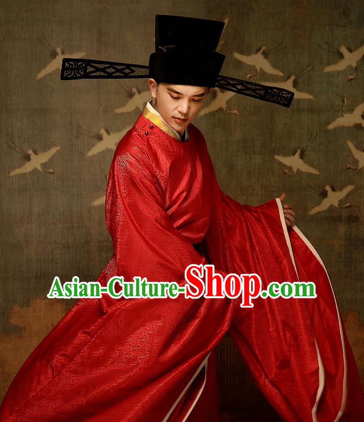 Chinese Traditional Song Dynasty Emperor Red Hanfu Garment Ancient Drama Monarch Historical Costumes and Headwear Complete Set