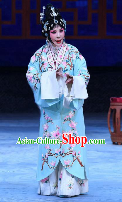 Chinese Beijing Opera Young Female Actress Apparels Costumes and Headpieces Traditional Peking Opera Hua Tan Zhu Lianxiu Blue Dress Garment