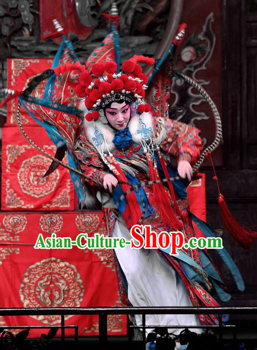 Chinese Beijing Opera Female General Red Kao Armor Suit with Flags Apparels Costumes and Headdress Hong Zong Lie Ma Traditional Peking Opera Princess Daizhan Dress Garment