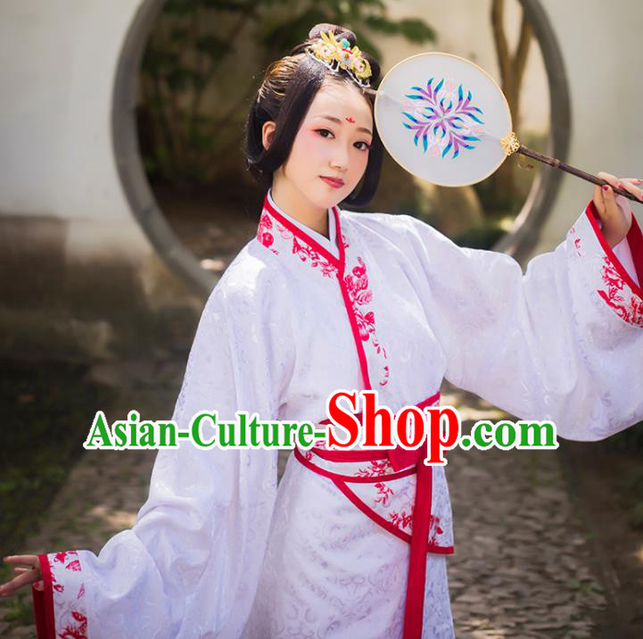 Chinese Qin Dynasty Curving Front Robe Apparels Ancient Court Princess Historical Costumes Traditional Noble Lady White Hanfu Dress for Women