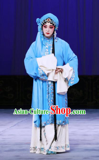 Chinese Beijing Opera Distress Maiden Apparels Costumes and Headdress The Unicorn Purse Traditional Peking Opera Tsing Yi Blue Dress Diva Garment