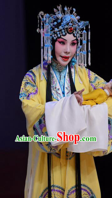 Chinese Beijing Opera Hua Tan Meng Ying Apparels Costumes and Headdress Kangxi Dadi Traditional Peking Opera Actress Yellow Dress Garment