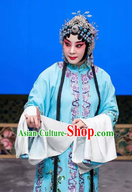 Chinese Beijing Opera Actress Young Female Apparels Costumes and Headdress Han Ming Fei Traditional Peking Opera Hua Tan Wang Zhaojun Blue Dress Garment