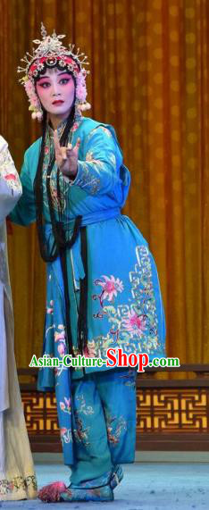 Chinese Jin Opera Xiaodan Garment Costumes and Headdress Madam White Snake Traditional Shanxi Opera Young Lady Blue Dress Maidservant Xiao Qing Apparels