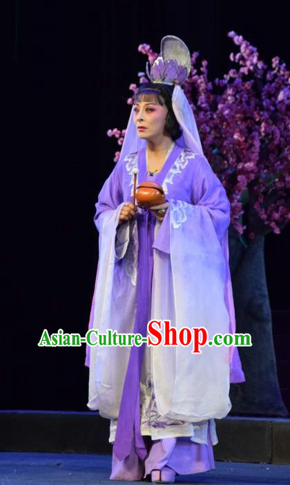 Chinese Jin Opera Taoist Nun Garment Costumes and Headdress Madam Ruyi Traditional Shanxi Opera Hua Tan Purple Dress Young Female Wu Meiniang Apparels