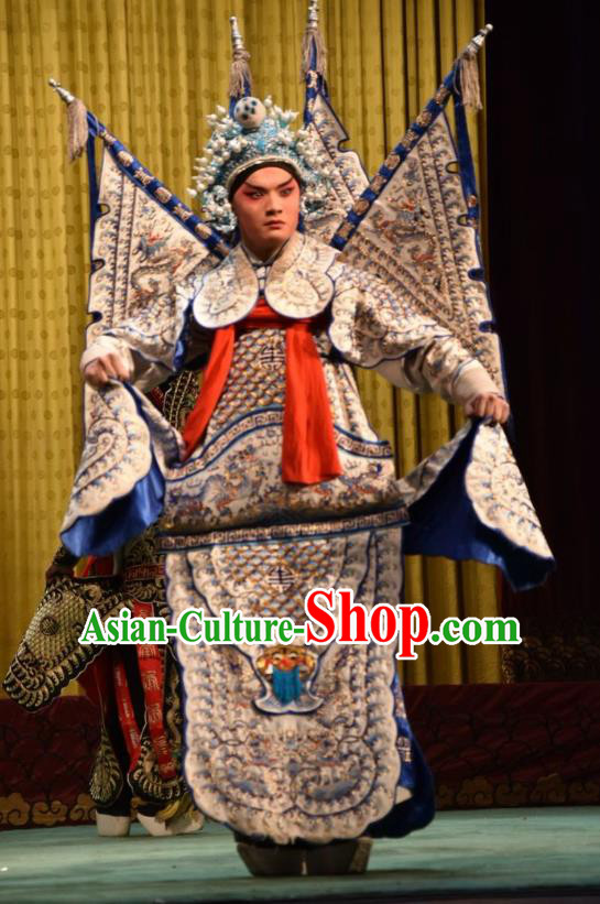 Jin Sha Tan Chinese Shanxi Opera Martial Male Armor Apparels Costumes and Headpieces Traditional Jin Opera General Garment White Kao Clothing with Flags