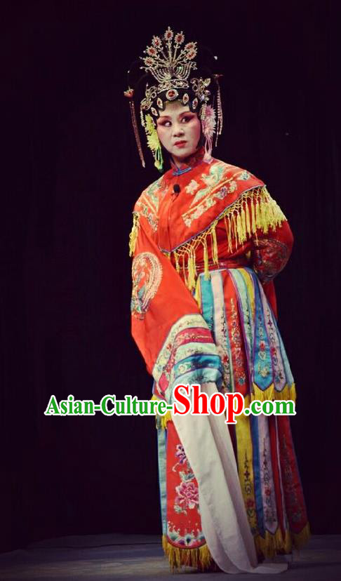 Chinese Jin Opera Royal Empress Garment Costumes and Headdress Traditional Shanxi Opera Court Woman Red Dress Queen Ma Luanying Apparels