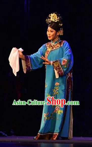 Chinese Jin Opera Young Mistress Garment Costumes and Headdress Da Qing Yu Shi Traditional Shanxi Opera Hua Tan Dress Qing Dynasty Woman Apparels