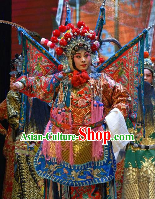 Chinese Jin Opera Tao Ma Tan Garment Costumes and Headdress San Guan Dian Shuai Traditional Shanxi Opera Red Dress Female General Mu Guiying Apparels with Flags