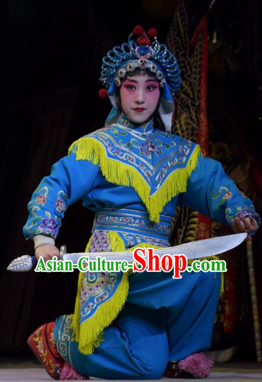 Chinese Jin Opera Wudan Blue Garment Costumes and Headdress San Guan Dian Shuai Traditional Shanxi Opera Female Swordsman Dress Martial Woman Apparels