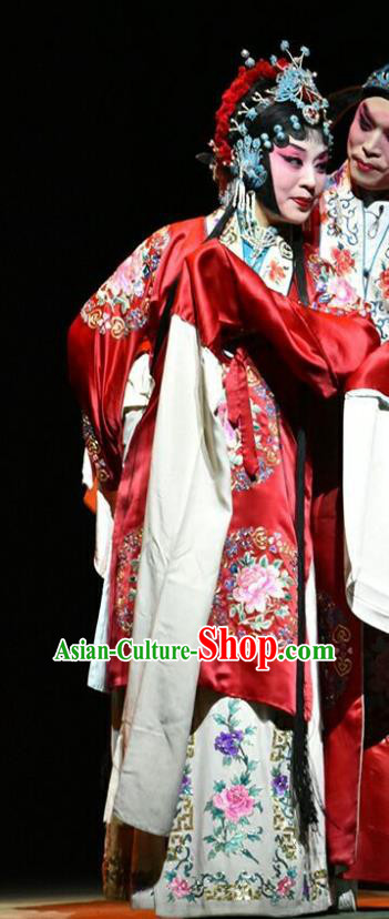 Chinese Jin Opera Bride Zhou Yulou Garment Costumes and Headdress Hua Tian Cuo Traditional Shanxi Opera Young Female Apparels Hua Tan Wedding Dress