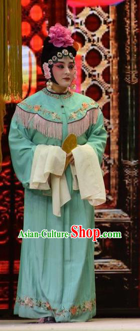 Chinese Jin Opera Palace Maid Garment Costumes and Headdress Big Feet Empress Traditional Shanxi Opera Servant Girl Apparels Xiaodan Blue Dress
