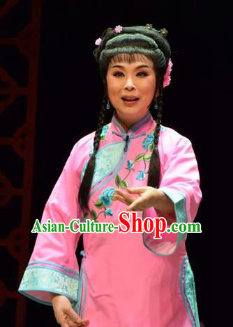 Chinese Jin Opera Young Lady Garment Costumes and Headdress The Legend of Jin E Traditional Shanxi Opera Maidservant Apparels Diva Pink Dress