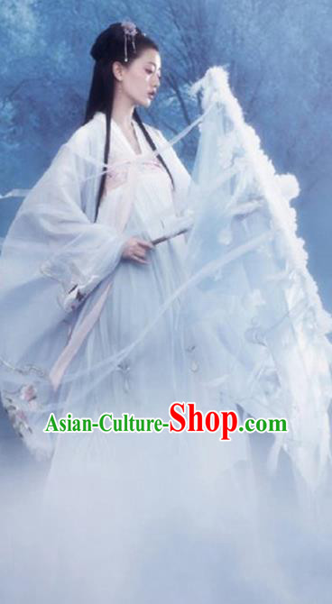 Chinese Drama Ancient Goddess White Dress Traditional Hanfu Apparels Tang Dynasty Royal Princess Historical Costumes and Headpieces