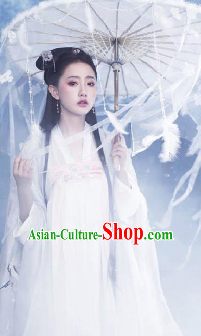 Chinese Drama Ancient Goddess White Dress Traditional Hanfu Apparels Tang Dynasty Royal Princess Historical Costumes and Headpieces