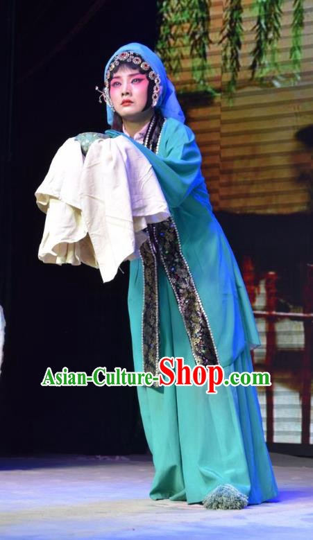 Chinese Jin Opera Distress Maiden Qiu Liyu Garment Costumes and Headdress Legend of Leper Traditional Shanxi Opera Young Female Apparels Actress Green Dress