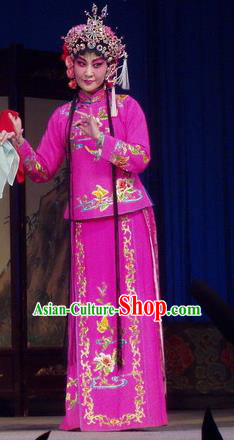 Chinese Henan Opera Young Beauty Garment Costumes and Headdress Pao Bian Jing Traditional Qu Opera Actress Dou Qiaojie Apparels Hua Tan Rosy Dress