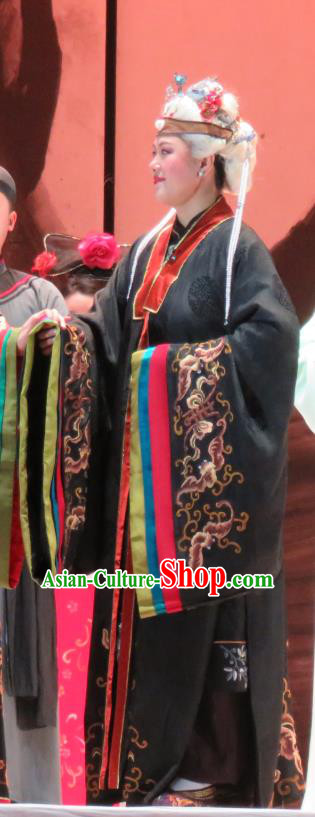 Chinese Henan Opera Dowager Countess Garment Costumes and Headdress Huang Ye Hong Lou Traditional Qu Opera Elderly Female Apparels Noble Dame Dress