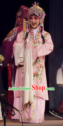 Chinese Henan Opera Diva Qian Yulian Garment Costumes and Headdress The Romance of Hairpin Traditional Qu Opera Hua Tan Apparels Actress Pink Dress