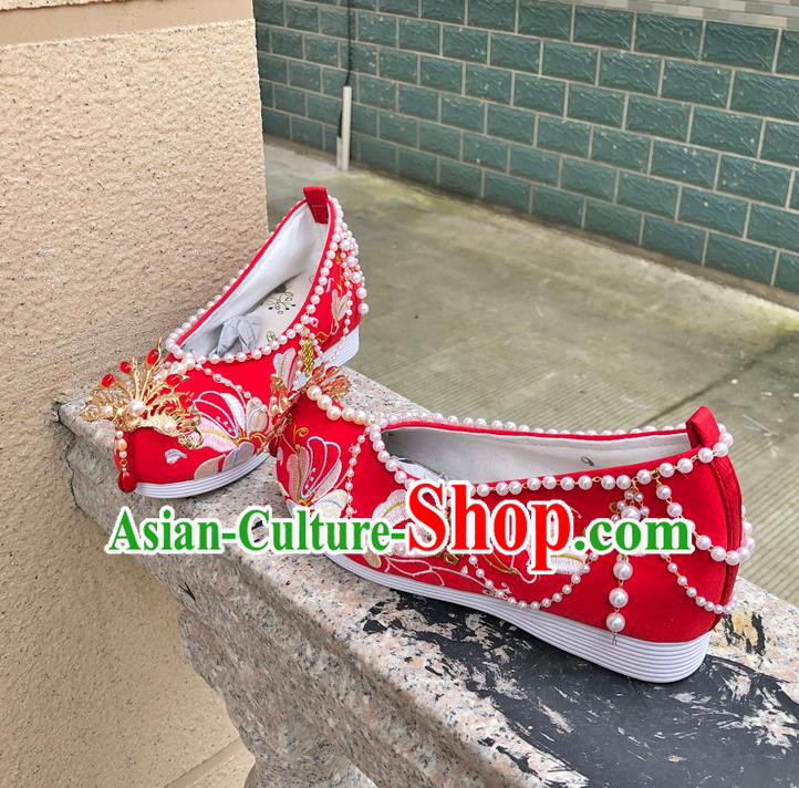 Chinese Traditional Cloth Shoes Wedding Hanfu Shoes Ancient Princess Pearls Bow Shoes Red Embroidered Shoes for Women