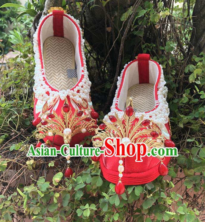 Chinese Traditional Wedding Red Embroidered Shoes Cloth Shoes Hanfu Shoes Ancient Princess Pearls Bow Shoes for Women