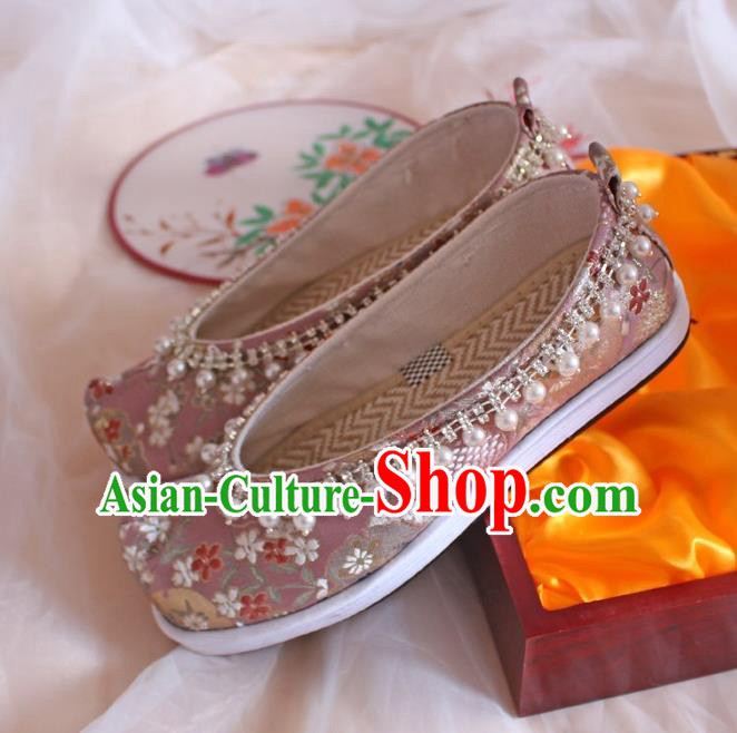 Chinese Traditional Pearls Hanfu Shoes Handmade Wedding Pink Satin Shoes Women Embroidered Shoes Ancient Princess Shoes