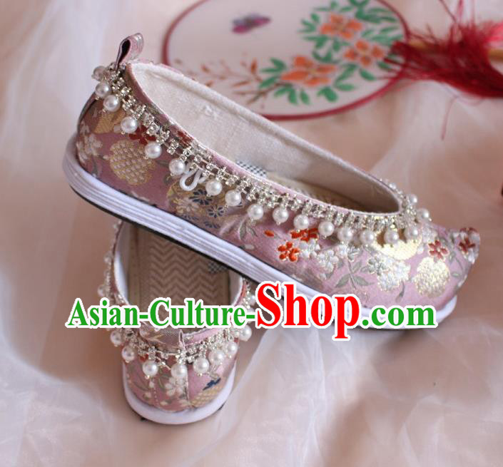 Chinese Traditional Pearls Hanfu Shoes Handmade Wedding Pink Satin Shoes Women Embroidered Shoes Ancient Princess Shoes