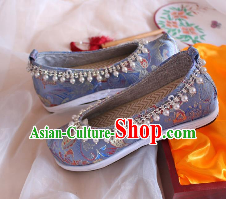 Chinese Handmade Blue Satin Shoes Traditional Pearls Hanfu Shoes Women Embroidered Shoes Ancient Princess Wedding Shoes