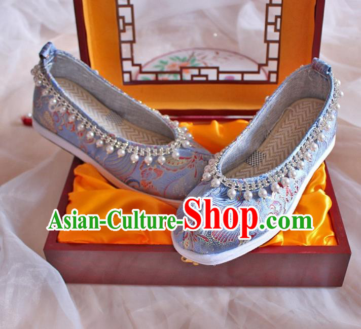 Chinese Handmade Blue Satin Shoes Traditional Pearls Hanfu Shoes Women Embroidered Shoes Ancient Princess Wedding Shoes