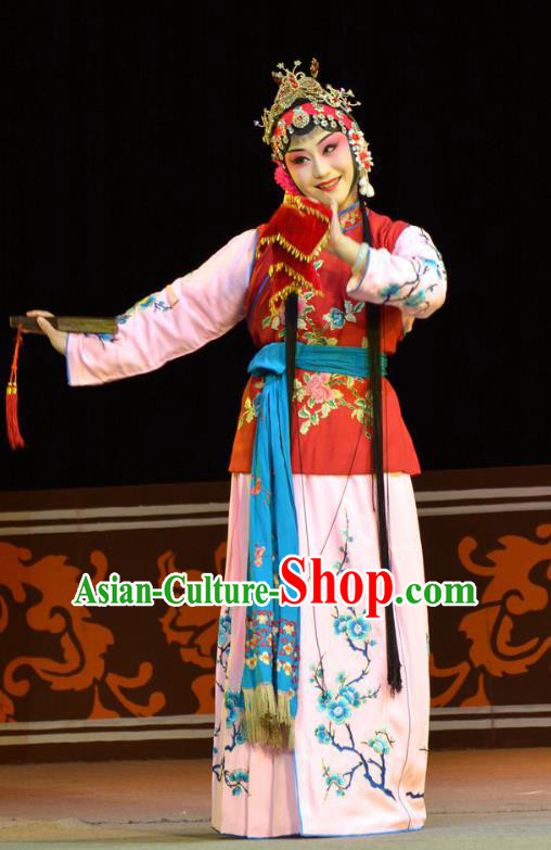 Chinese Han Opera Servant Girl Garment Mei Ying Costumes and Headdress Traditional Hubei Hanchu Opera Xiaodan Apparels Maid Lady Dress