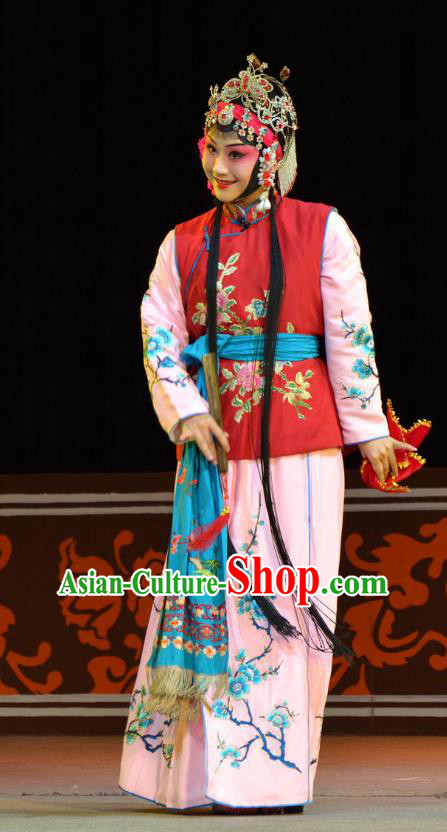 Chinese Han Opera Servant Girl Garment Mei Ying Costumes and Headdress Traditional Hubei Hanchu Opera Xiaodan Apparels Maid Lady Dress