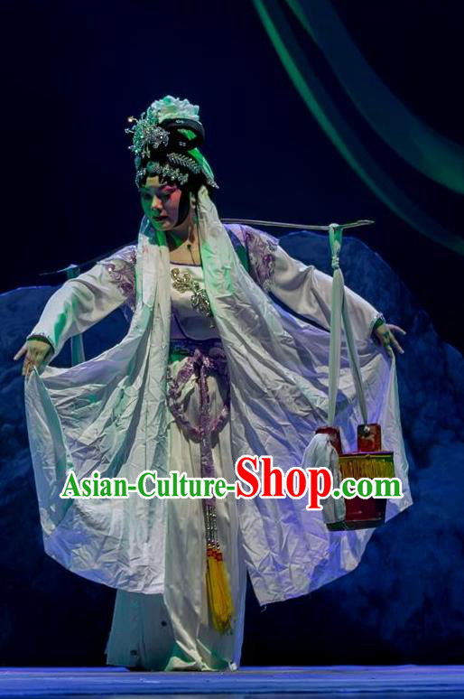 Chinese Han Opera Diva Li Guilian Garment Yin Yang River Costumes and Headdress Traditional Hubei Hanchu Opera Young Female Apparels Distress Woman Dress