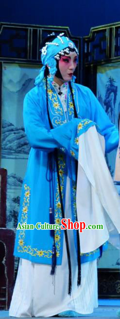 Chinese Han Opera Diva Wang Chunniang Garment Chun Niang Qu Costumes and Headdress Traditional Hubei Hanchu Opera Young Woman Apparels Distress Maiden Blue Dress