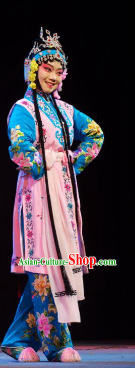 Chinese Han Opera Xiaodan Garment Hua Deng An Costumes and Headdress Traditional Hubei Hanchu Opera Maid Lady Apparels Servant Girl Dress