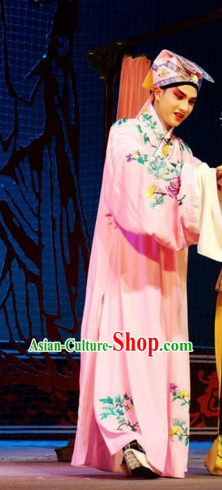 Hua Deng An Chinese Hubei Hanchu Opera Scholar Apparels Costumes and Headpieces Traditional Han Opera Xiaosheng Garment Wang Daru Pink Robe Clothing