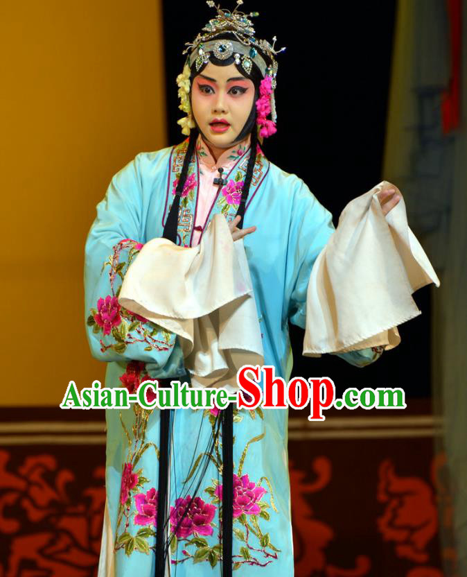 Chinese Han Opera Hua Tan Liu Yuyan Garment Hua Tian Ba Cuo Costumes and Headdress Traditional Hubei Hanchu Opera Young Beauty Apparels Diva Blue Dress