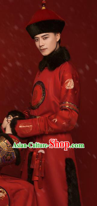 Chinese Traditional Wedding Hanfu Apparels Ancient Qing Dynasty Noble Prince Historical Costumes and Hat for Men