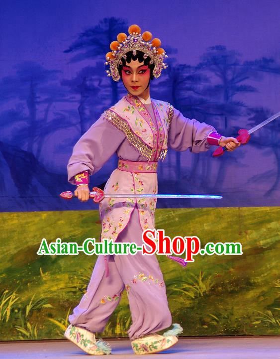 Chinese Cantonese Opera Wudan Garment Costumes and Headdress Traditional Guangdong Opera Swordswoman Apparels Martial Female Purple Dress